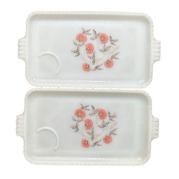 Vtg Anchor Hocking Fire King Milk Glass Pink Floral Fleurette Snack Plate & Cups - Picture 2 of 10